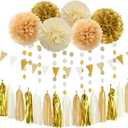 White Gold Champagne Party Decorations - 23pcs Tissue Pom Poms Streamers,Christmas Wedding Engagement Tassel Garland Banner,Bachelorette Neutral Birthday Baby Bridal Shower Decor Lasting Surprise
