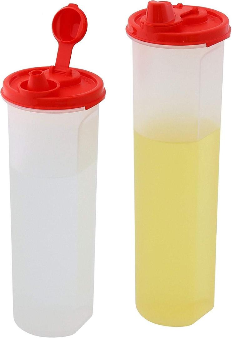 SIGNORA WARE Oil and Vinegar Bottle 2 Pack Large Olive Oil Dispenser Bottles Liquid, Dressings Plastic Containers Airtight Leakproof Lids Non Drip Spout Wide mouth Easy Fill set of - 30 & 37 oz