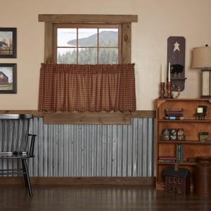 VHC Brands Classic Country Primitive Kitchen Window Curtains-Check Red Scalloped Tier Pair, L24 x W36, Burgundy