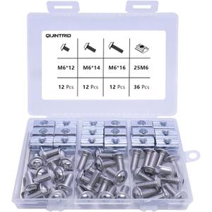 72 pcs M6 T-Nuts Screws Assortment Kit, 36pcs M6 x 12/14/16mm Flanged Button Head Socket Cap Screws, 36pcs M5 Slide in T Nut and 1pcs Hex Wrench, for 1010 Aluminum Extrusion Profile Connector (Silver)