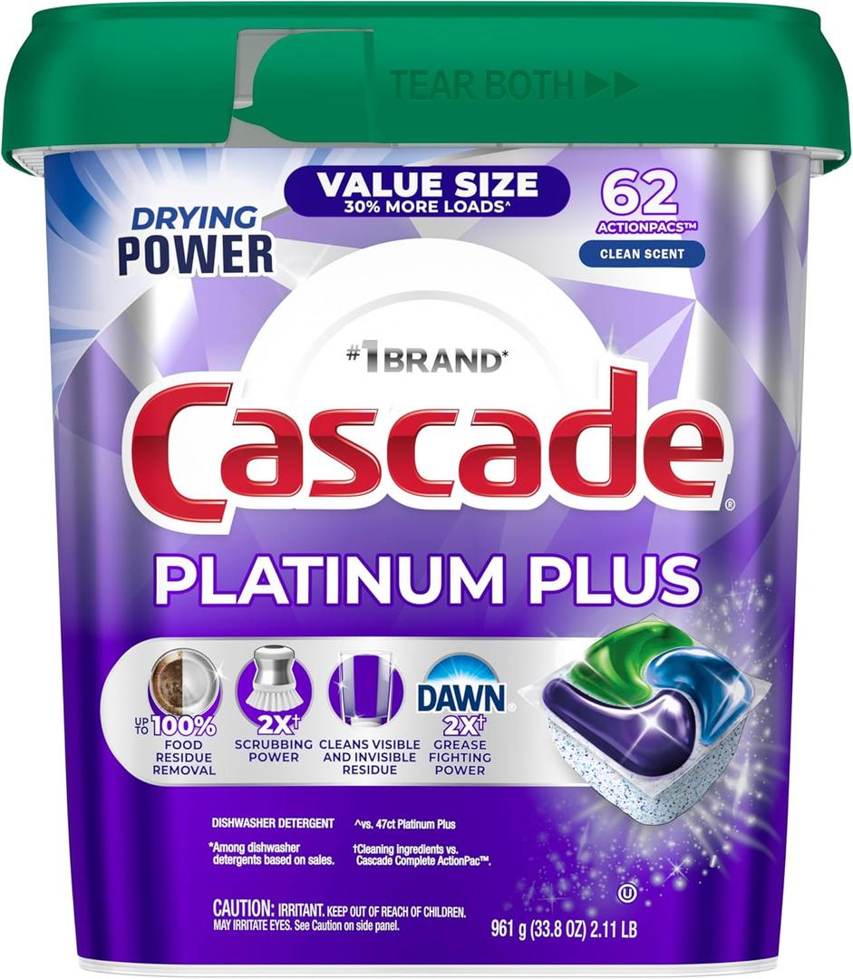 Cascade Platinum Plus Dishwasher Pods, Dish Detergent Soap, Clean Scent, 62 Count