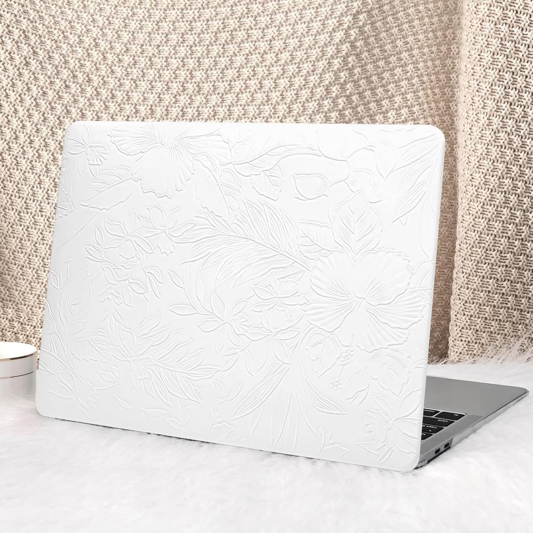 Seorsok Compatible with MacBook Air 13 Inch Case 2022 2021 2020-2018 Release A1932 A2179 M1 A2337,Elegant Leaves Flowers Leather Plastic Hard Shell Case with Keyboard Cover,White Blooming Floral