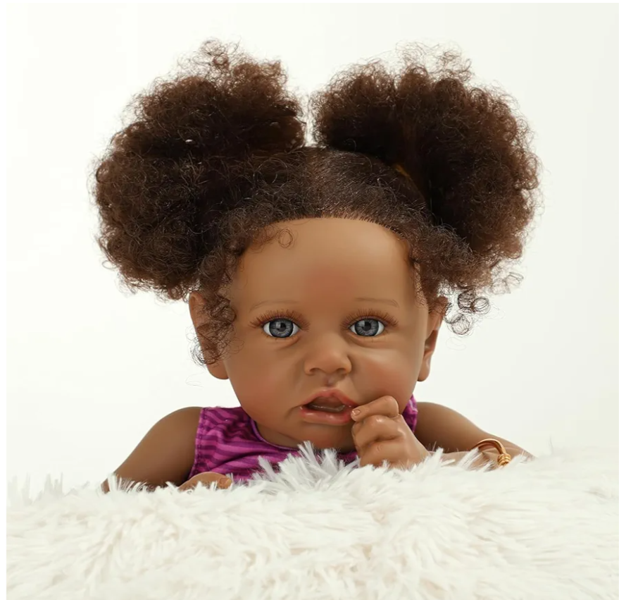 Reborn Baby Dolls Black Girl, 22" Realistic Baby Doll Lifelike African American Newborn Bebe Caramel Real Life Like Baby Dolls with Two Afro Puffs & Feeding Toys in Gift Box for Kids Age 3+