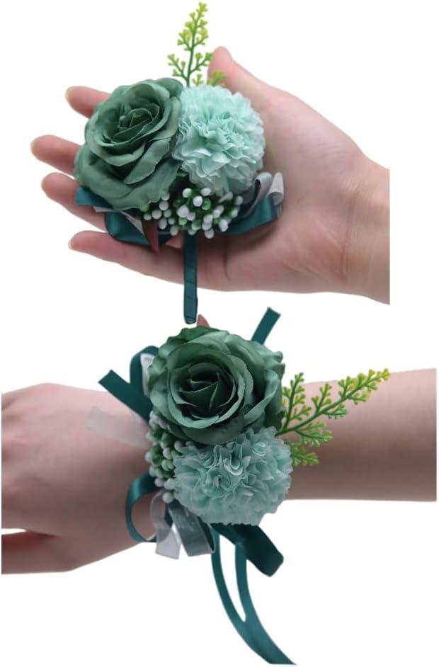 2 x Rose Flower Corsage and Boutonniere Set 2,Handmade Silk Flowers Corsage Wristlet Wedding Accessories for Brides,Bridal Shower Gifts,Prom Party Homecoming Bridesmaid Wedding Ornament(Blackish Green)
