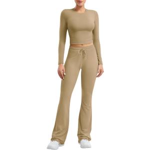 YEOREO Two Piece Sets for Women Long Sleeve Tops Lounge Set Drawstring Wide Leg Pants Ava Matching (Beige, M)