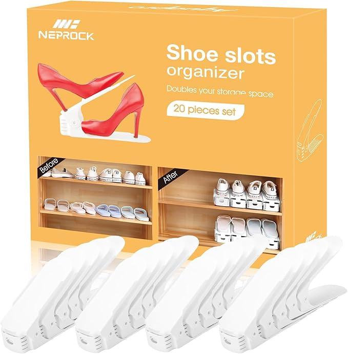 Neprock Shoe Slots Organizer, 20 Pack Adjustable Shoe Rack Stacker Storage Space Saver, Double Deck Shoe Rack Holder for Closet Organization (White)