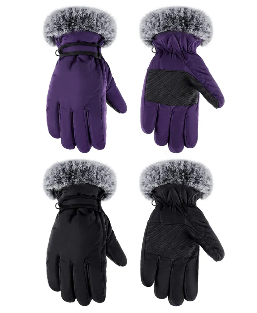 Bencailor 2 Pair Winter Ski Gloves for Adult Women Men Waterproof Faux Fur Warm Windproof Snow Gloves for Skiing Anti Slip M