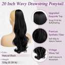 BARSDAR Black Wavy Drawstring Ponytail Extensions 20 Inch Drawstring Comb Clip in Ponytail Hair Extensions for Women, Synthetic Natural Looking Curly Wavy Black Pony Tails Hairpieces