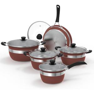 VBGK Pots and Pans Set 10-Piece Stainless Steel Cookware Set, Non-Toxic Kitchen Set, Kitchen Cooking Set with Tempered Glass Lid and Warming Handle, Suitable for All Cooktops, Stackable