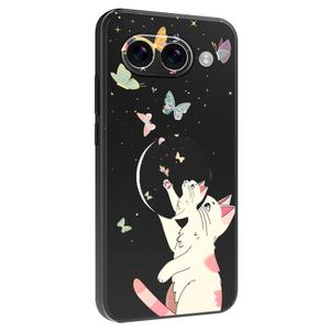 EMUYGIU Printed TPU Case for Google Pixel 10A, Black Shockproof Protective Phone Cover with Colorful Design, Slim Lightweight Drop Protection, Precise Cutouts (Butterfly Cat with Holder)