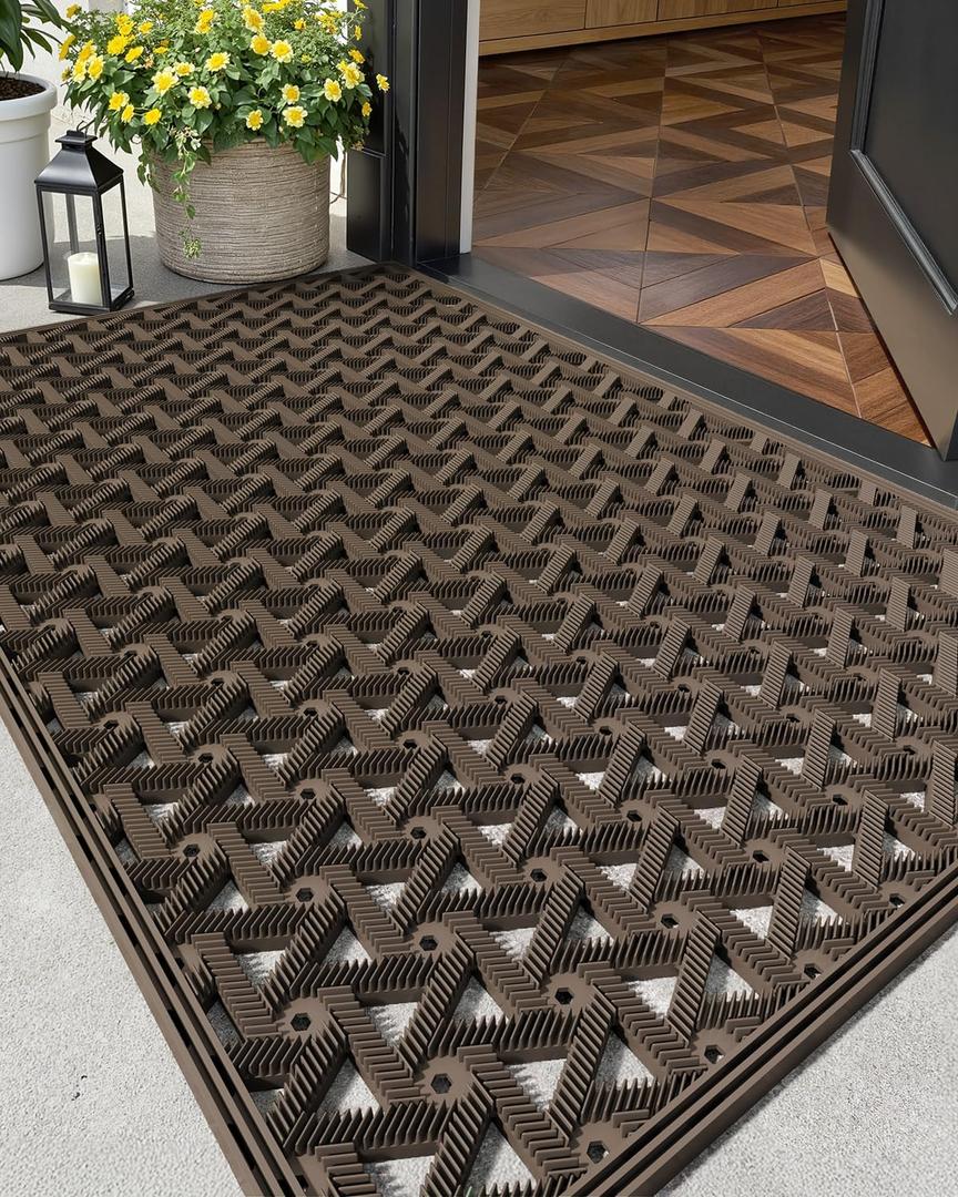 Color&Geometry Door Mat Outside Entrance with Drainage, Rubber Heavy Duty Dirt Trapper Waterproof Outdoor Welcome Mat, Outdoor Mats All Weather for Front Back Door Patio Entryway Entry, 19"X30" Brown