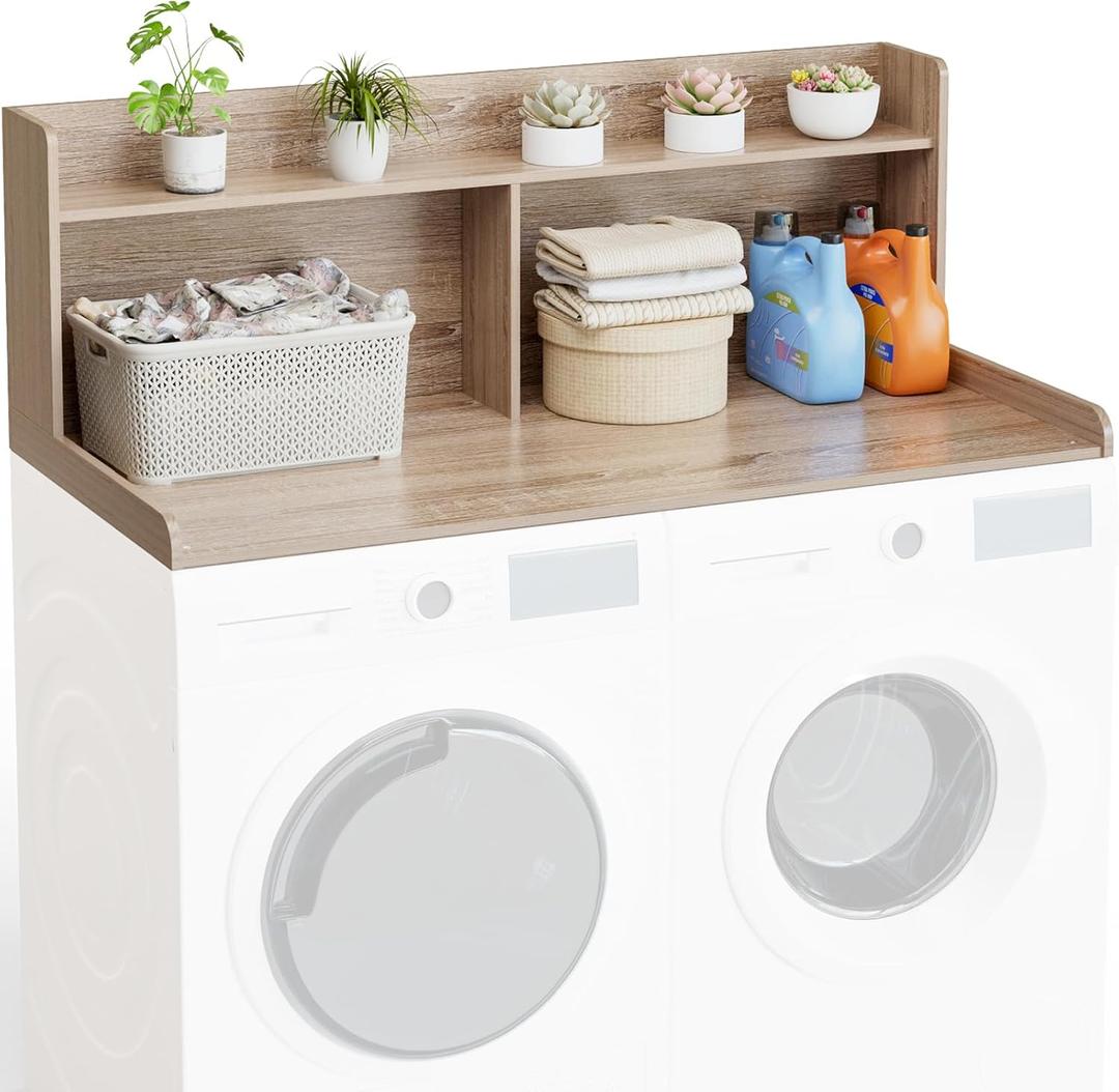 Washer Dryer Countertop with Shelf 54" W x 27.5" L Laundry countertop for Washer and Dryer with Edge Rails, Oak