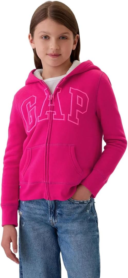 GAP Girls' Logo Hoodie Hooded Full Zip Sweatshirt (Small, Bright Beet)