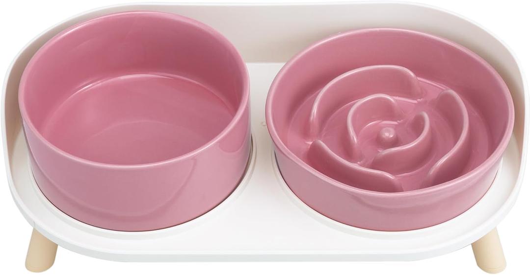 Elevated Slow Feeder Dog Bowls - Ceramic Food and Water Bowl Set with Stand - Raised Pet Dishes for Small and Medium Sized Dogs (Pink)