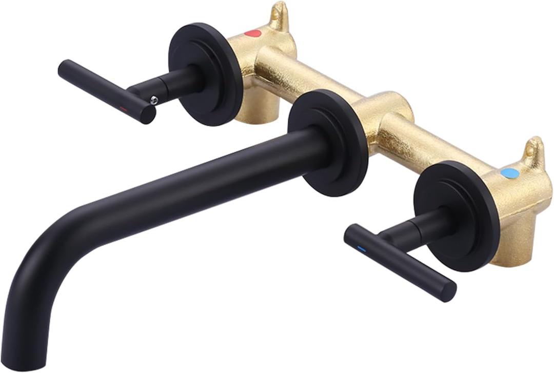 WOWOW Wall Mount Bathroom Faucet Matte Black Wall Faucet High Flow Two Handles Stainless Steels,Long Spout Reach,Widespread Bathroom Sink with Rough-in Valve 3 Holes Elegant Classic Spout