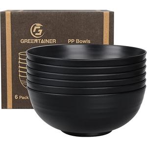 Greentainer Unbreakable Large Cereal Bowls - 2.25L Plastic Lightweight Salad, Soup, Fruit Bowl Set for Kitchen Storage Organizer, Dishwasher & Microwave Safe, 6 Pcs (Black)