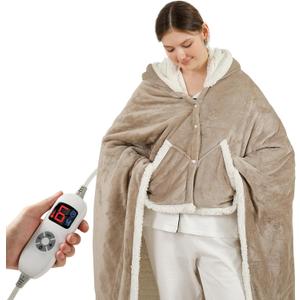 ESTINGO Wearable Heated Blanket Electric Throw, Heated Shawl with 6 Heating Levels and 1-4 Hours Auto Off, Heated Hoodie Women for Mom Women Seniors Grandma 50"64" Light Beige