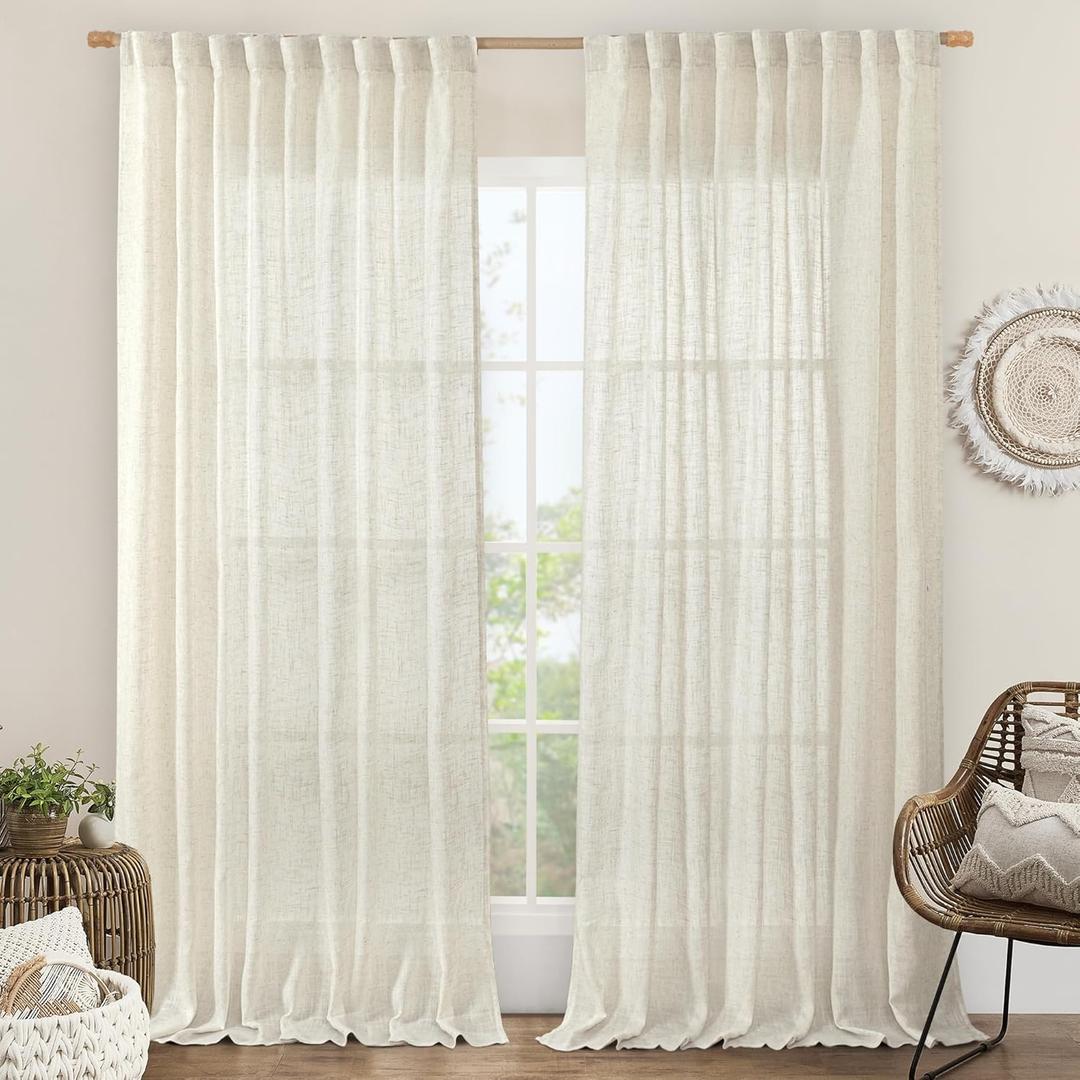LAMIT Extra Wide Linen Curtains for Bedroom,Natural Light Filtering Faux Linen Textured Panels Semi Sheer Back Tab and Rod Pocket Boho Drapes for Living Room, 2 Panels, 70 x 84 Inch