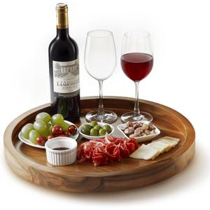 16" Acacia Wood Lazy Susan for Table Top - Wooden Turntable Serving Tray for Charcuterie Boards Cheese Board - Extra Large Black Round Lazy Susan Organizer - Kitchen Revolution for Cabinet