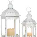 Lanterns Decorative Outdoor&Indoor, Set of 2 (15"&11") White Metal Lantern Decor with Glass, Candle Holder for Porch, Patio, Garden, Balcony, Wedding, Table Centerpiece