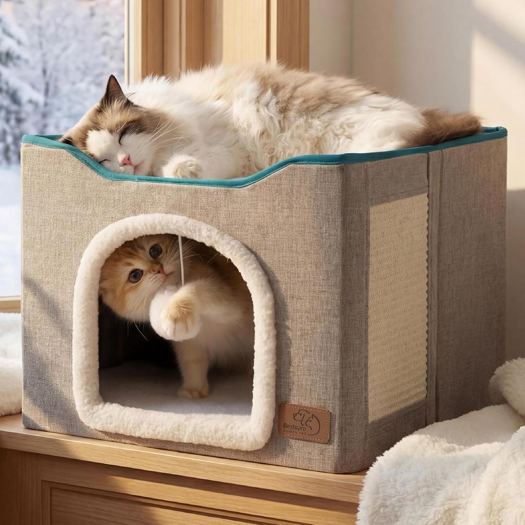 Bedsure Cat Beds for Indoor Cats - Large Cat Cave for Pet Cat House with Fluffy Ball Hanging and Scratch Pad, Foldable Cat Hideaway, 16.5x16.5x13 inches, Grey (Single)