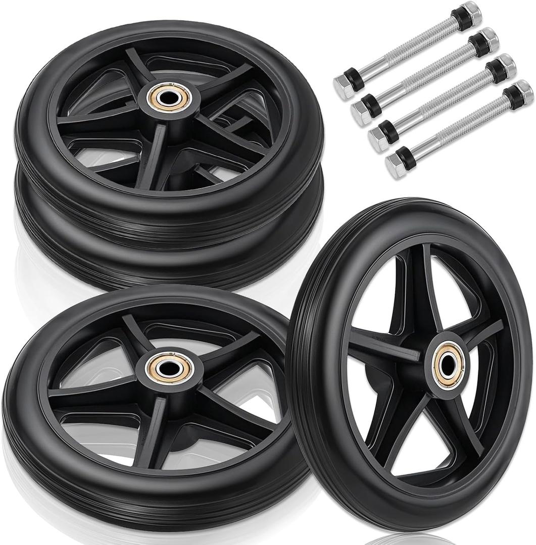 SHENLIU 4 Pack Wheel Replacement with 4 Axles, 6 Inch Heavy-Duty Anti-Slip Solid Caster Roller Wheels for Walkers Wheelchair Front Wheel Walker Caster for Wheelchairs Rollators Walkers