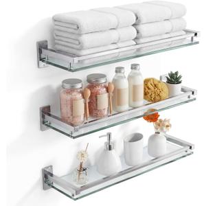 Cinnvoice 3 Pack 20 Inch Glass Bathroom Shelves for Wall, Wall Mount Glass Shelves with Stainless Steel Rail, Modern Floating Bathroom Shelf Organizer, Rectangular Room Decor for Sink, Over Toilet