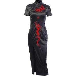 Womens Chinese Clothing Gothic Dress Cheongsam Dresses Vintage Black Slit Hem Sexy Evening Dress (Medium)