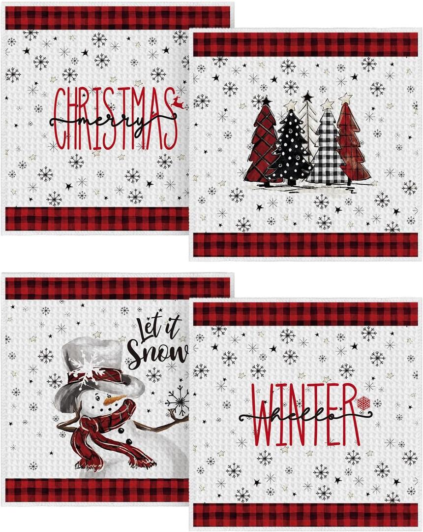 Artoid Mode Red Xmas Tree Snowman Merry Christmas Kitchen Dish Cloths, 12x12 Inch Quick Dry Microfiber Dishcloths for Kitchen Dish Rags Set of 4