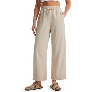 Libin Linen Pants Women Wide Leg Casual Beach Pants Cotton Linen Summer Lounge Pants Travel Work Trousers with Pockets (Small, 01-khaki)