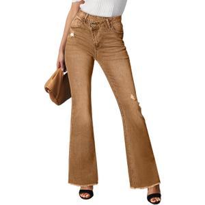 Sidefeel Women's Bell Bottom Flare Jeans High Waisted Stretchy Ripped Distressed Raw Hem Denim Pants with Pockets