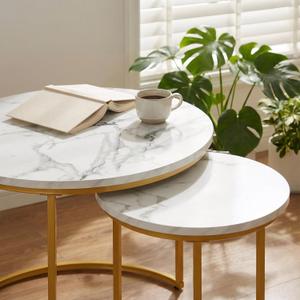 Round Nesting Coffee Table Set of 2, Modern Marble Pattern Wooden Nesting Tables, Stacking Minimalist Nesting Tables for Living Room Bedroom Small Space, (Gold Leg+White top)