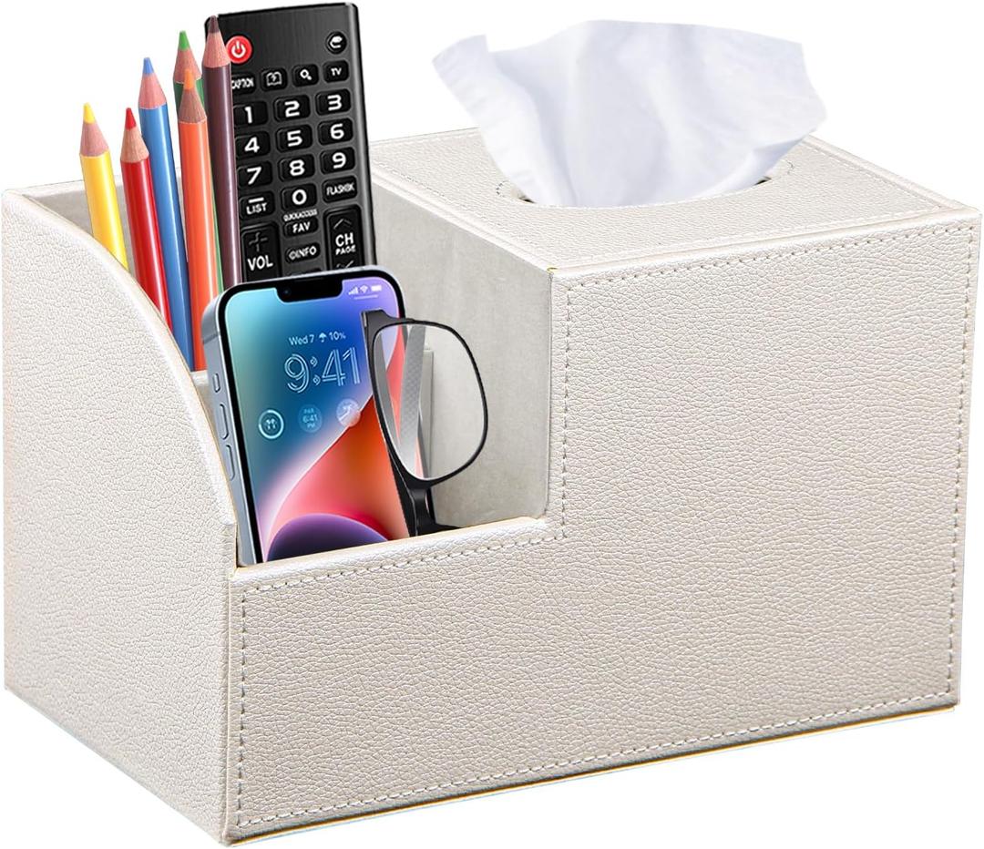 PU Leather Square Tissue Box Cover  MultiFunctional Tissue Box Holder, Tissue Box Cover with Storage,Tissue and Remote Control Holder, Cube Tissue Box Organizer Bedroom Nightstand End Table