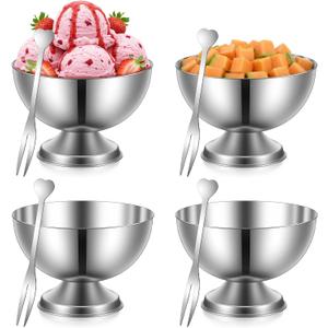 4 Pcs Stainless Steel Dessert Cup Ice Cream Bowls with 4 fork, 7 Oz Footed Metal Small Cute Sundae Bowl Dessert Glasses Sauce Cups Pasta Salad Mug Parfait Bowl Yogurt Snack Candy Dishes