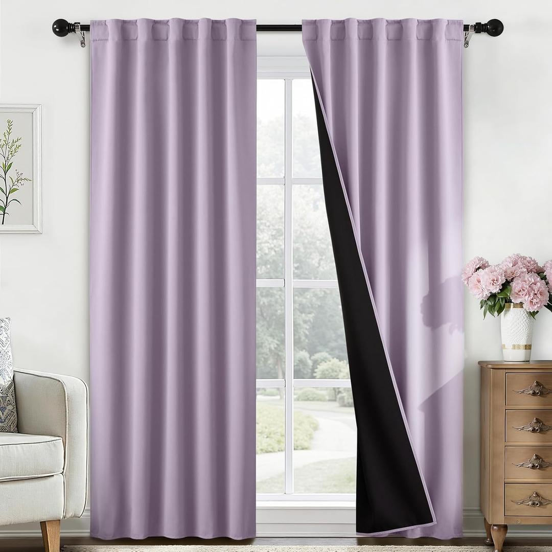 SimpleHome 100% Blackout Curtains for Bedroom,84 Inch Curtains for Living Room Rod Pocket and Back Tab Window Drapes Room Darkening Lilac Curtain with Black Back,52 x 84 Inch,2 Panels