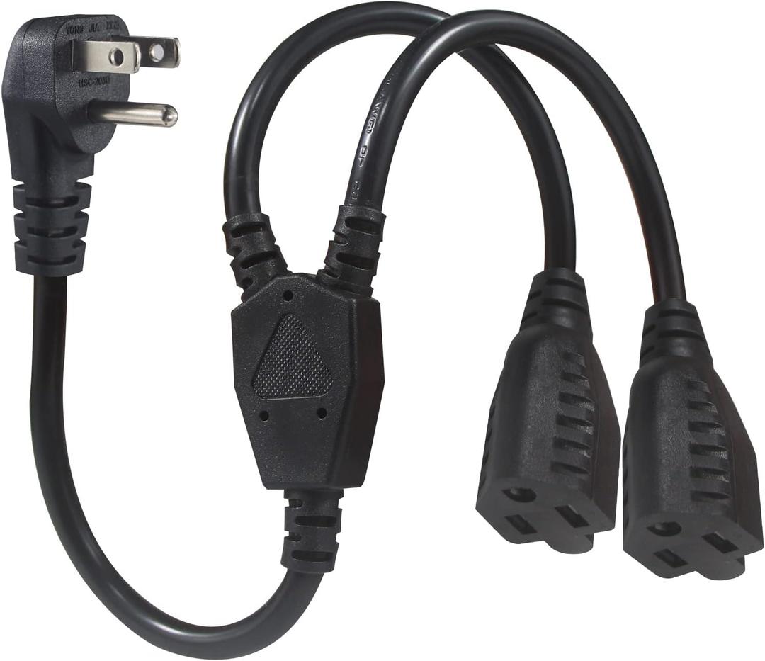 Power Cord Extension Y Splitter - 1 to 2 Way Outlet Adapter NEMA 5-15P 90-Degree Flat Plug to 2 X NEMA 5-15R with SJT 16AWG 3-Prong Cable Wire Extender Space Saver for Kitchen Home Office