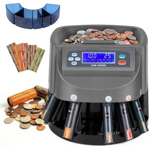 Bonvoisin Coin Counter & Coin Sorter Machine for USD Coin 1 5 10 25 $1, Sorts up to 270 Coins/min, Included 5 Coin Trays & 5 Tubes & 50PCS Wrappers