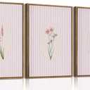 KISSFOX 3 Piece Framed Wall Art Botanical Wall Decor Pink Floral Pictures Wildflower Canvas Art Striped Minimalist Paintings Boho Artwork For Girly Room Bedroom Apartment Dorm Living Room, 16x24 In Natural Framed