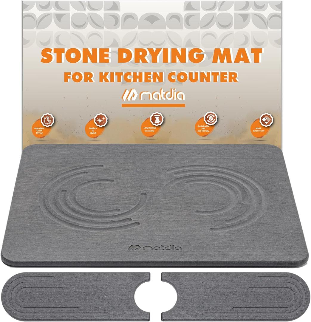 Stone Drying Mat for Kitchen Counter & Faucet mat for kitchen sink  Super Absorbent - Diatomaceous earth dish drying mat - Non-Slip & Eco-Friendly - Quick drying - (19.6" x 15.7") (Dark Gray)