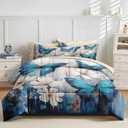 Nesker Comforter Set Queen Size, Dream Blue Butterfly Flowers 7 Pcs Bedding for Kids and Adults, Beautiful Oil Painting Bed Sheet Sets with Fitted Sheet 2 Pillowcases & 2 Shams