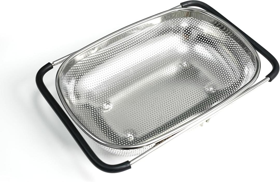 GREATLINK Over Sink Expandable Colander - Fine Mesh Strainer Basket with Extendable Handles for Kitchen, 6QT Vegetable Fruit Pasta Strainer for Washing Rice, Kitchen Colander