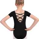 MOLLDAN Girls Dance Ballet Leotards Short Sleeve Criss Cross Straps Back (10-12 Years, Black)