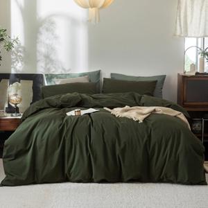 FOSSA Duvet Cover Set 100% Washed Cotton Linen Feel Super Soft Breathable Cozy 3 Pieces Bedding Sets Solid Olive Green Queen