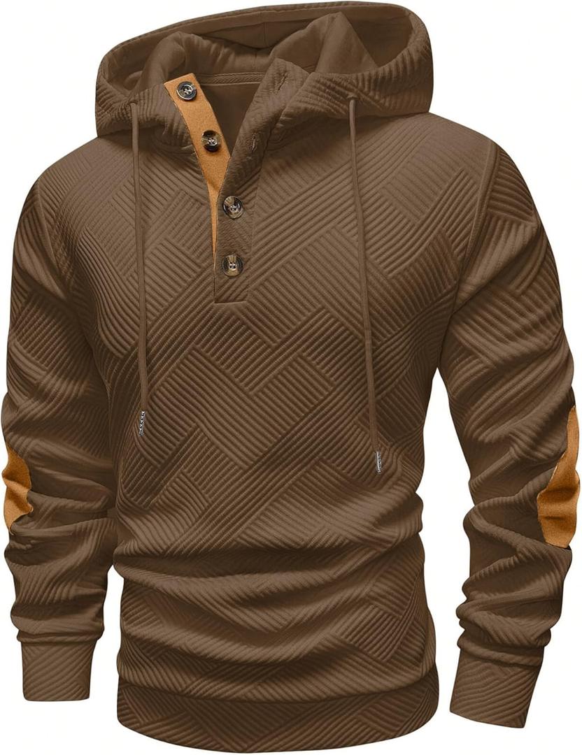 Vssjavun Mens Pullover Hoodie Casual Textured Long Sleeve Half Button Hooded Sweatshirt Brown (Brown, XL)