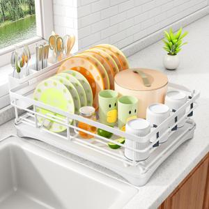 Dish Drying Rack - Stainless Steel Dish Rack for Kitchen Counter, Large-Capacity Dish Drainer with Cutlery Holder, Kitchen Organizer for Dishes, Spoons and Forks, White