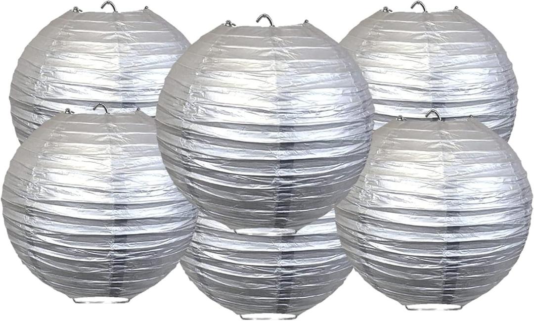 Pack of 6 Round Paper Lantern Lamp Paper Lanterns Party Decorations (Silver, 8"/20CM)