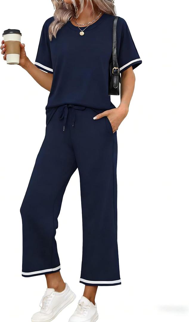 Two Piece Sets for Women Wide Leg Pants Beach Vacation Clothes Summer Outfits Travel Mock Neck Lounge Sets (Blue, XXL)