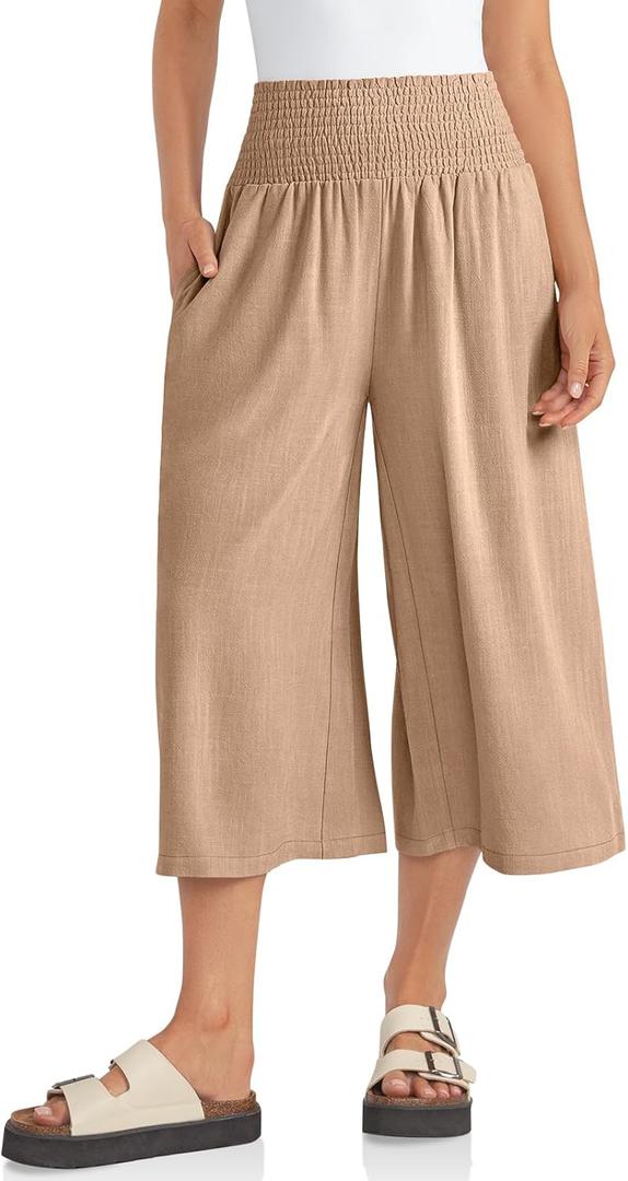 TARSE Womens Linen Palazzo Capri Pants Boho Summer Smocked High Waist Wide Leg Casual Loose Trousers with Pockets Flowy Pants (S)