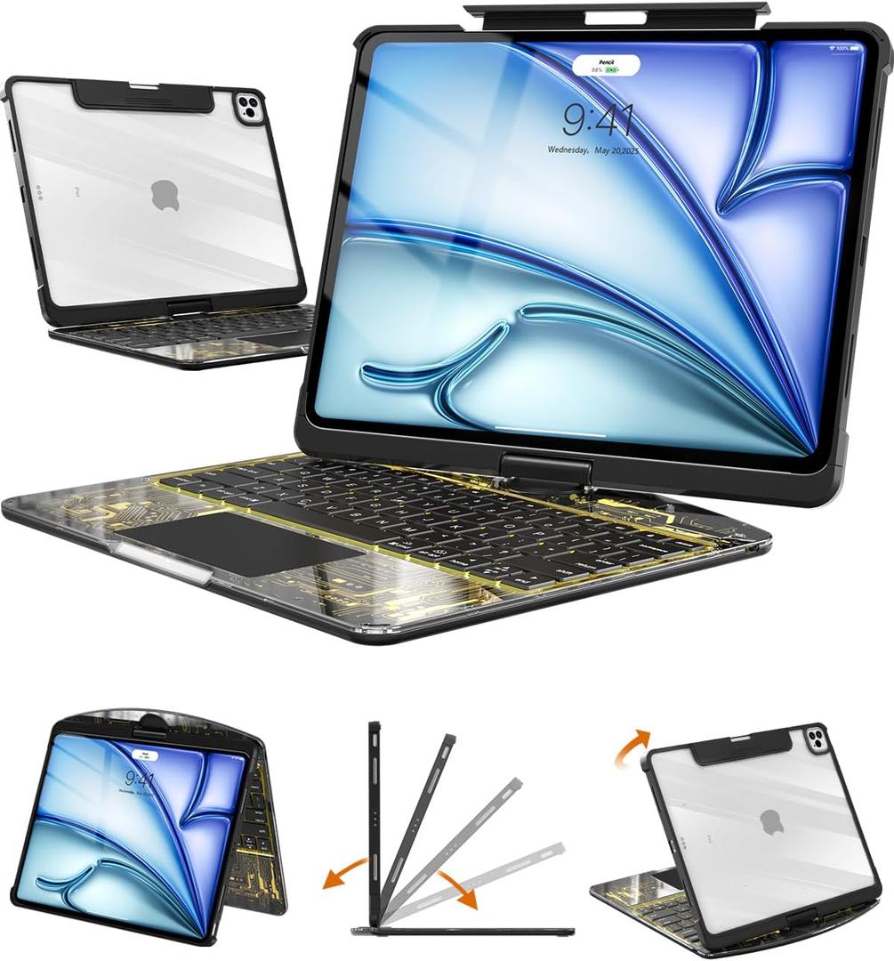 Transparent Keyboard Case for iPad Air 13 Inch (M3/M2 2025/2024) & iPad Pro 12.9 Inch (6th/5th/4th/3rd Gen), 7-Color Backlit Wireless Keyboard with Touchpad, 360 Rotating Stand, Pencil Holder, Black
