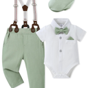 WESIDOM Baby Boy Clothes Suit 0-24M Infant Gentleman Wedding Outfit, Shirt+Bowtie+Beret+Suspender Pants Clothing Set  12-18 M